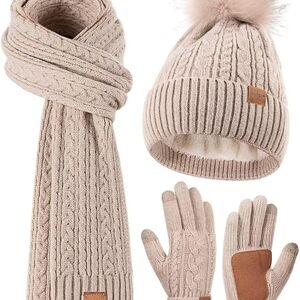 Beige Knit Scarf, Hat, and Gloves Set